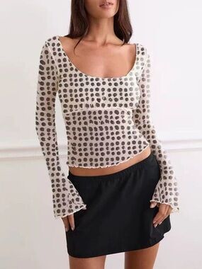 Scoop Neck Long Sleeve Polka Dot Mesh Top - White/Grey